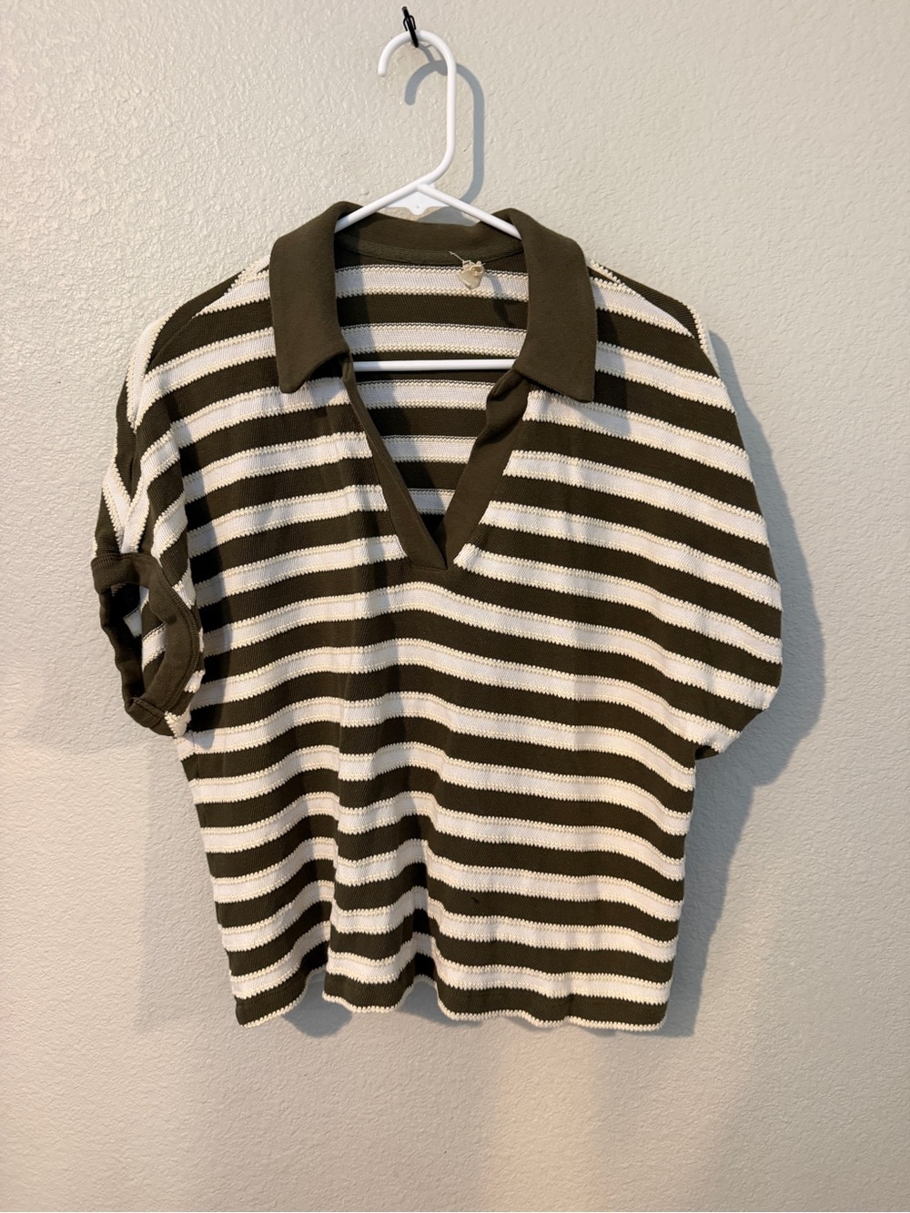 Madewell Olive & White Striped Polo Knit Top